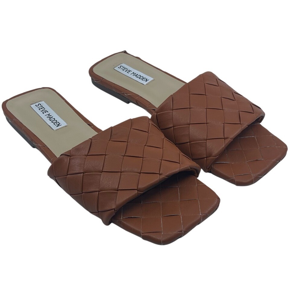 STEVE MADDEN TAN WOVEN SLIDE SANDALS
